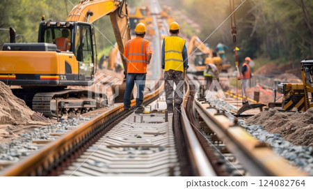 Railway engineers oversee high-speed track construction, ensuring safety and efficiency for passengers. 124082764