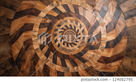 Tongue and groove boards are arranged in a spiral mandala, evoking harmony, peace, and serenity. 124082795