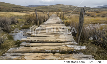 Weathered boards form a 25-foot footbridge, creating a picturesque pathway with scenic valley views. 124082815