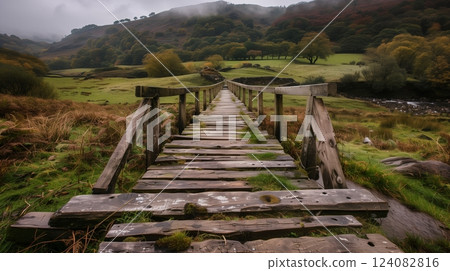 Weathered boards form a charming footbridge, adding rustic appeal and blending seamlessly with nature. 124082816