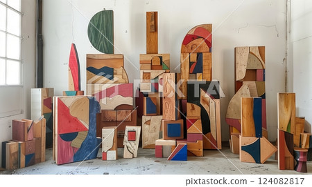 25 unedged boards form captivating abstract sculptures, showcasing raw artistry and natural beauty. 124082817