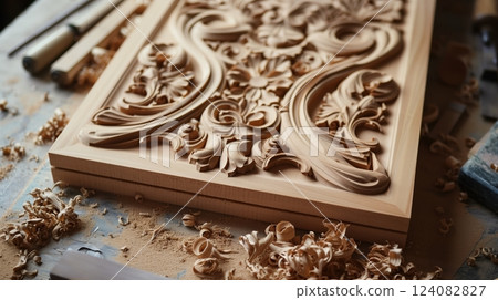 A meticulously carved MDF board rests on a finely-crafted bench, showcasing impressive craftsmanship. A meticulously carved MDF board rests on a finely-crafted bench, showcasing impressive craftsmanship. 124082827