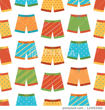 Seamless pattern with colorful swimming trunks. Different fashion swimsuits. Bathing shorts. Men's clothes for summer vacation. Vector flat illustration for wallpaper, textile, packaging Seamless pattern with colorful swimming trunks. Different fashion swimsuits. Bathing shorts. Men's clothes for summer vacation. Vector flat illustration for wallpaper, textile, packaging 124083060