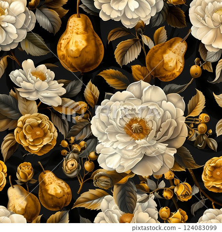 Dark Floral Pattern with Peonies and Pears 124083099