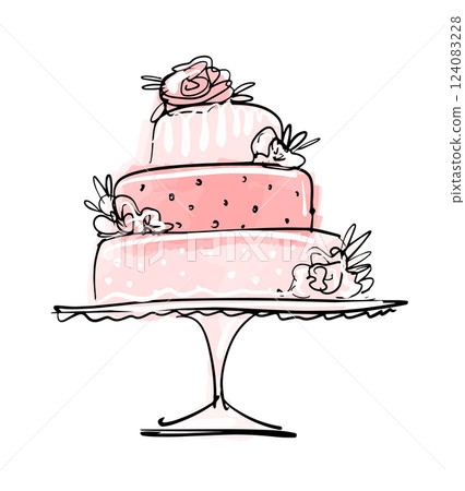 Birthday cake icon, wedding cake with floral decor, pink sketch, hand drawn vector illustration isolated on white background. Logo for pastry shop. Birthday cake icon, wedding cake with floral decor, pink sketch, hand drawn vector illustration isolated on white background. Logo for pastry shop. 124083228