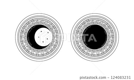 Sun or moon icon in vintage style, engraving stylization, hand drawn vector illustration. Symbol of astrology, tarot, horoscope. 124083231