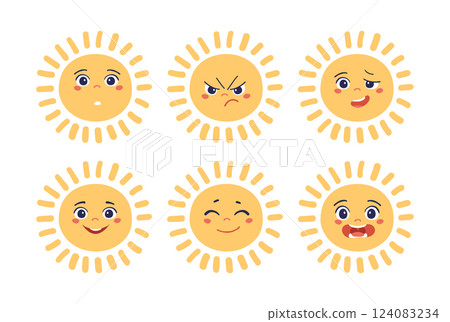 Set of stickers with funny sun character with different emotions, flat cartoon design for game, school, kindergarten, kids party. Vector illustration isolated on white background. Set of stickers with funny sun character with different emotions, flat cartoon design for game, school, kindergarten, kids party. Vector illustration isolated on white background. 124083234