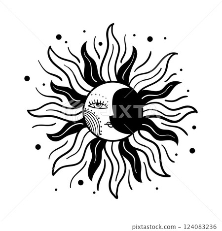 Moon with face. Vector medieval graphic illustration, boho tattoo, mystic symbol. Flat icon isolated on white background. 124083236