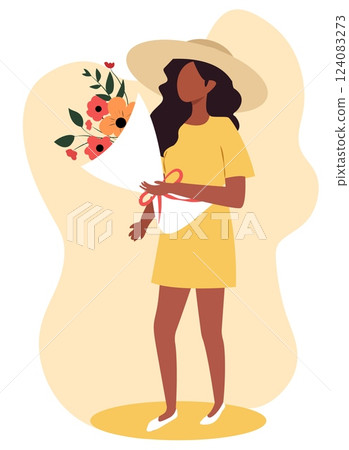 Vector illustration capturing a summer day with a woman holding a bouquet of flowers, wearing a hat and a yellow dress, embodying a joyful outdoor vibe Vector illustration capturing a summer day with a woman holding a bouquet of flowers, wearing a hat and a yellow dress, embodying a joyful outdoor vibe 124083273