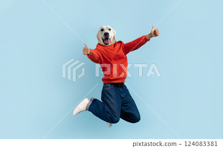 A person wearing a red sweater and blue jeans leaps joyfully against a light blue background, giving a thumbs-up. The person's head is replaced by that of a cheerful golden retriever A person wearing a red sweater and blue jeans leaps joyfully against a light blue background, giving a thumbs-up. The person's head is replaced by that of a cheerful golden retriever 124083381