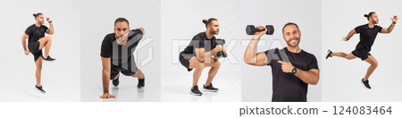 A fitness enthusiast showcases a series of dynamic workout exercises, including lunges, squats, and arm curls, in a well-lit studio. The energetic session highlights strength and agility. A fitness enthusiast showcases a series of dynamic workout exercises, including lunges, squats, and arm curls, in a well-lit studio. The energetic session highlights strength and agility. 124083464