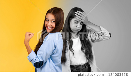 One woman exudes confidence and joy with a triumphant pose, while the other displays sadness and frustration, holding her head in despair. 124083558