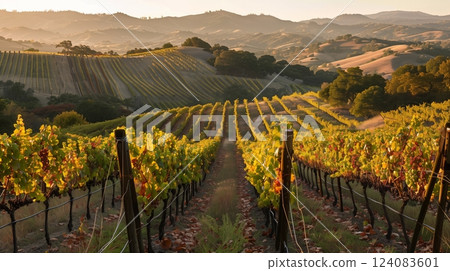 A scenic vineyard in autumn, with fruitful grapevines and golden hills, captures the essence of harvest time. 124083601