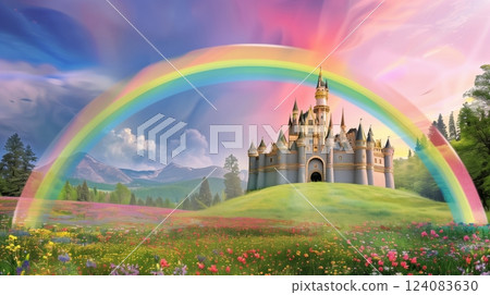 A magical castle stands under a radiant rainbow, over a wildflower meadow in full bloom. Enchanting scene. A magical castle stands under a radiant rainbow, over a wildflower meadow in full bloom. Enchanting scene. 124083630