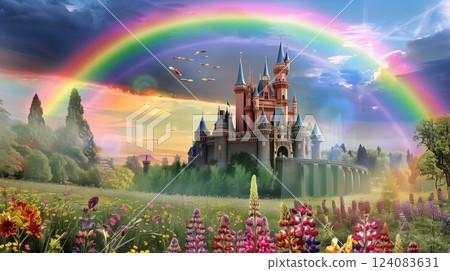 A magical castle, under a vibrant rainbow, stands over a blooming meadow with colorful wildflowers. 124083631