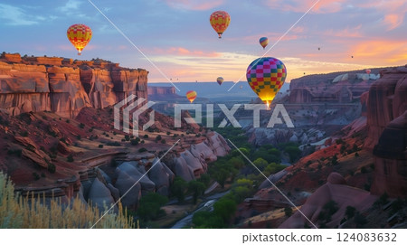 Vibrant hot air balloons rise over a canyon at dawn, the sun's first light illuminating the landscape. 124083632