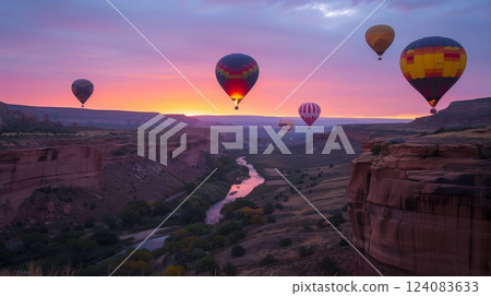Vibrant hot air balloons ascend over a canyon at dawn, creating a mesmerizing golden spectacle. 124083633
