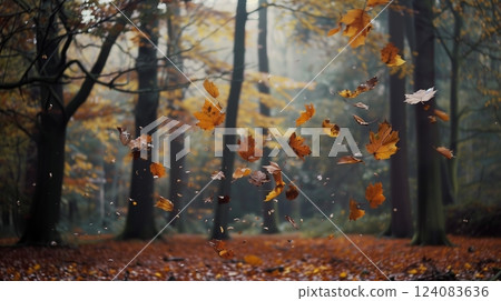 A crisp autumn day unfolds with vibrant leaves fluttering, creating a colorful tapestry on the forest floor. A crisp autumn day unfolds with vibrant leaves fluttering, creating a colorful tapestry on the forest floor. 124083636