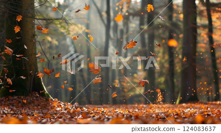 A crisp autumn day reveals vibrant leaves cascading, forming a colorful blanket on the forest floor. 124083637