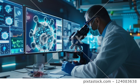 A virologist examines a virus's structure under an electron microscope, revealing critical insights. 124083638