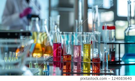 Scientists test pH levels of chemical waste with test tubes and advanced equipment before recycling. 124083640