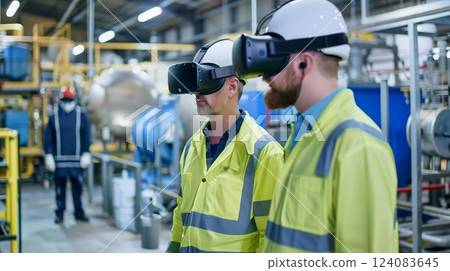 Workers use VR headsets to improve chemical waste recycling, ensuring safer and more efficient outcomes. Workers use VR headsets to improve chemical waste recycling, ensuring safer and more efficient outcomes. 124083645