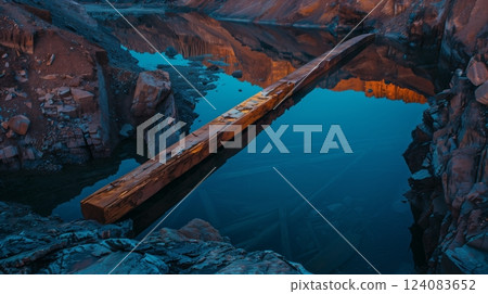 A solitary lumber beam spanned a ravine, mirroring twilight's hues, blending nature's beauty and human ingenuity. 124083652