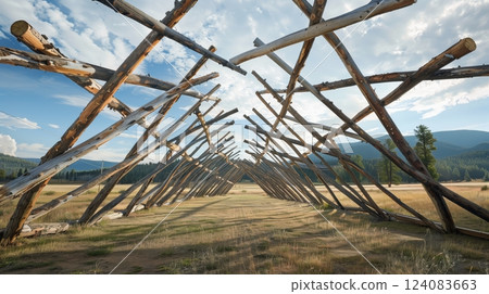 Suspended lumber beams create intricate patterns, blending with the landscape as striking abstract art. 124083663