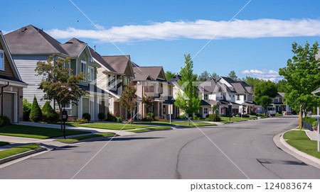 A suburban street with charming houses, each ideal for short-term subleases. Perfect blend of charm and convenience. 124083674