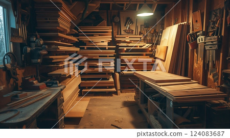 Shelved 25 unedged boards in a dim workshop among tools and projects, each piece awaiting transformation. Shelved 25 unedged boards in a dim workshop among tools and projects, each piece awaiting transformation. 124083687