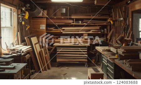 Unedged boards (25) lined dimly lit workshop shelves, amid various tools and ongoing projects. Unedged boards (25) lined dimly lit workshop shelves, amid various tools and ongoing projects. 124083688