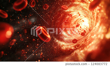 Cardiac stent for coronary atherosclerosis. cardiac stent in blood vessel, glowing vividly 124083772