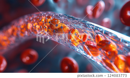 Cardiac stent for coronary atherosclerosis. cardiac stent in blood vessel with red cells 124083773
