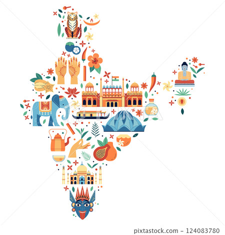 India Travel Map Poster with Indian Icons India Travel Map Poster with Indian Icons 124083780