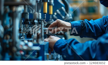 Worker's hands calibrating a machine to safely recycle toxic chemicals, protecting environment and health. Worker's hands calibrating a machine to safely recycle toxic chemicals, protecting environment and health. 124083832