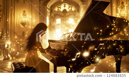 A woman gracefully plays a grand piano in a dim room, creating an enchanting atmosphere with her music. 124083835