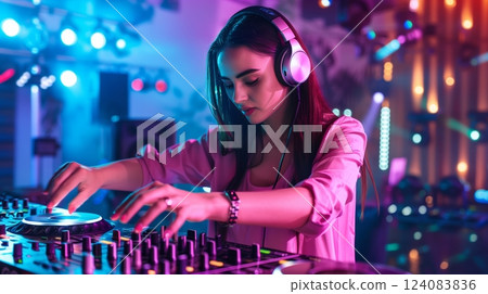 A female DJ expertly mixes music in a nightclub, her hands dancing over the equipment as lights sync to beats. A female DJ expertly mixes music in a nightclub, her hands dancing over the equipment as lights sync to beats. 124083836