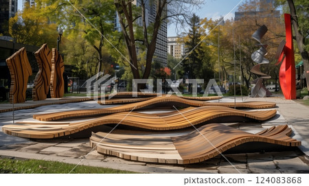 Edged wood boards seamlessly integrate into a modern art installation with diverse sculptures, creating a captivating park scene. 124083868