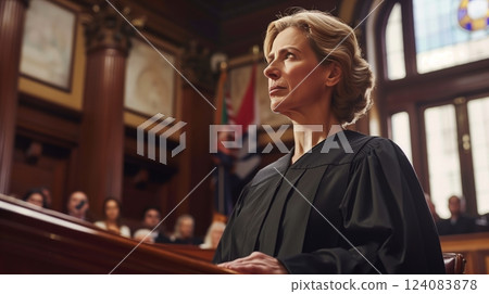 A female judge presides over a high-profile case in a grand courtroom, buzzing with anticipation and drama. A female judge presides over a high-profile case in a grand courtroom, buzzing with anticipation and drama. 124083878