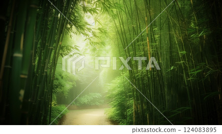 A winding pathway through a serene bamboo forest, sunlight filtering through leaves, evokes deep calm. 124083895