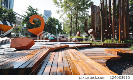 Intricately edged wooden boards form a modern art installation with sculptures and abstract shapes in a city park. 124083910