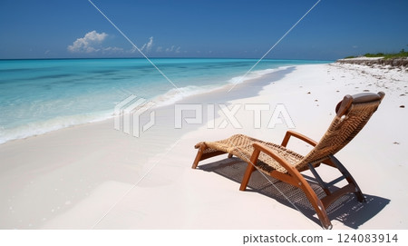 A comfy lounge chair on a tranquil beach, perfect for relaxing and soaking in nature's serene beauty. 124083914