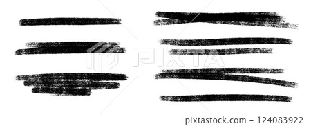 Black crayon underline strokes set - hand-drawn horizontal lines, rough edges. Grunge sketch underlines for text highlight, emphasis. Various thickness and length border, divider, page decor element Black crayon underline strokes set - hand-drawn horizontal lines, rough edges. Grunge sketch underlines for text highlight, emphasis. Various thickness and length border, divider, page decor element 124083922