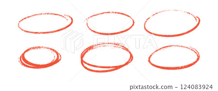 Crayon highlight chalk frames in red with grainy texture. Different sized oval outlines with double strokes, irregular edges. Hand drawn ellipse shapes for rough artistic borders on white background. Crayon highlight chalk frames in red with grainy texture. Different sized oval outlines with double strokes, irregular edges. Hand drawn ellipse shapes for rough artistic borders on white background. 124083924