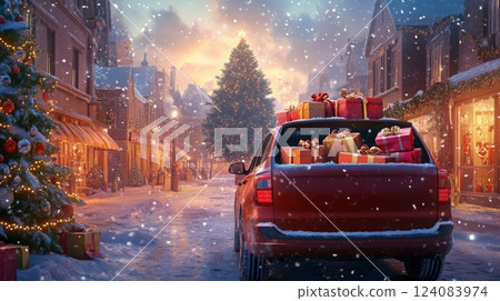 A red car loaded with colorful presents is parked on a snowy street, surrounded by twinkling lights and a tall Christmas tree under a gentle snowfall. 124083974