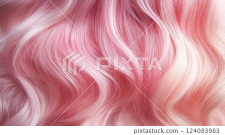 Wavy hair features delicate shades of pastel pink, blending smoothly with lighter tones. The soft texture highlights the vibrant colors under warm lighting, creating a gentle and appealing look. 124083983