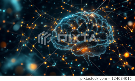 This visual showcases a vibrant representation of a brain, illuminated with tiny glowing connections against a dark backdrop, symbolizing neural activity and complex information processing. 124084015
