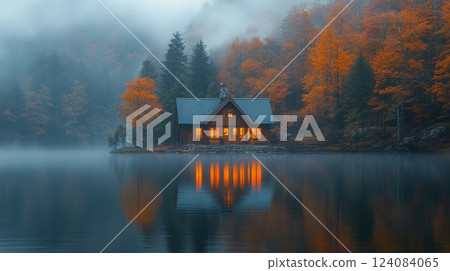 A cozy cabin sits at the edge of a serene lake, reflecting the warm glow of its windows amid mist and brilliant autumn foliage. The peaceful setting evokes a sense of calm. 124084065