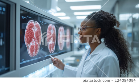A scientist studies detailed brain scans on a large screen, focused on research in a high-tech laboratory setting. 124084094