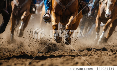 Horses gallop swiftly across a dusty arena, kicking up dirt as riders maintain control during an exhilarating race. 124084135